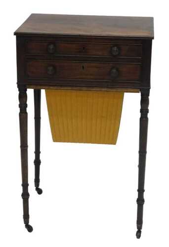 An early 19thC mahogany sewing table in the manner of Gillows, the rectangular moulded top...