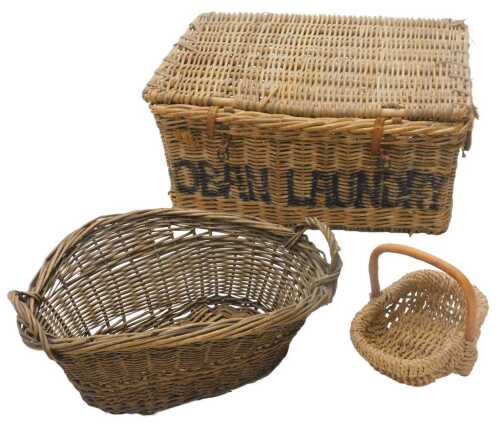An early 20thC wicker laundry hamper, of rectangular form, with rope carrying handles and...