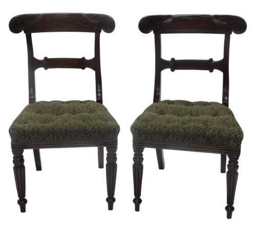 A pair of 19thC mahogany dining chairs, each with inverted scroll overhanging cresting rails,...