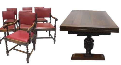 A 20thC oak dining room suite, comprising drawer leaf table, with rectangular top raised above...