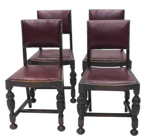 A set of four early 20thC oak framed dining chairs, with overstuffed red leather back and seats,...
