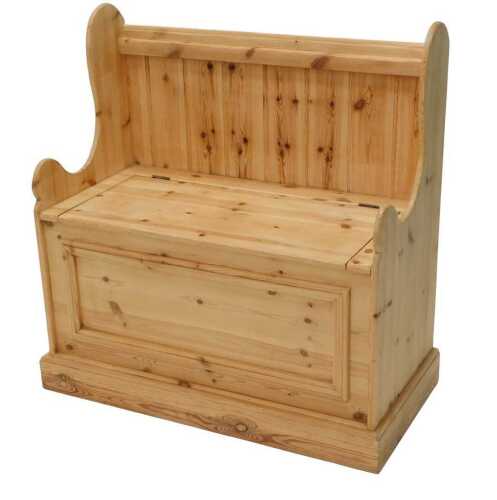 A late 20thC pine monk's bench, with log box seat and scroll sides, 90cm high, 88cm wide, 48cm...