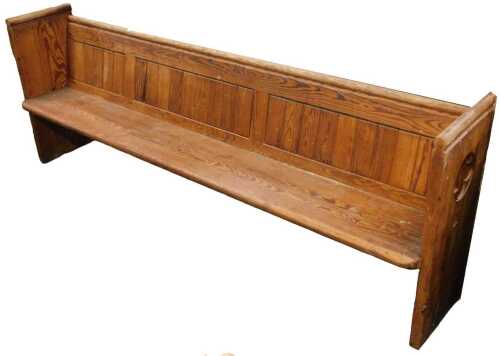 A 19thC pine pew, with panelled back and shaped sides, with an oblong seat, 93cm high, 231cm...