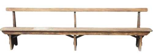 An early 20thC pine bench, with canted back support and seat, on shaped stiles, 73cm high, 264cm...