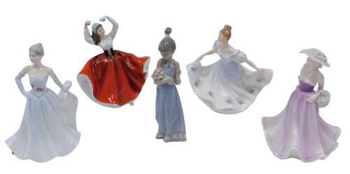 Various figures, Royal Doulton and others, Karen HN2388, 23cm high, another Kathy, two Coalport...