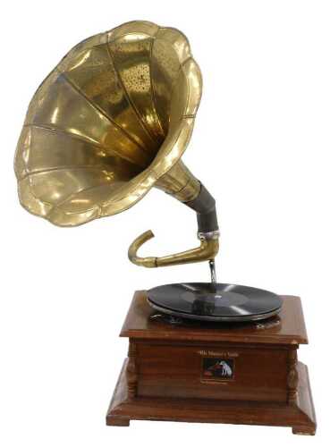 A 20thC HMV gramophone, with brass horn and chrome fixed arm, with red baize lined turntable, on...