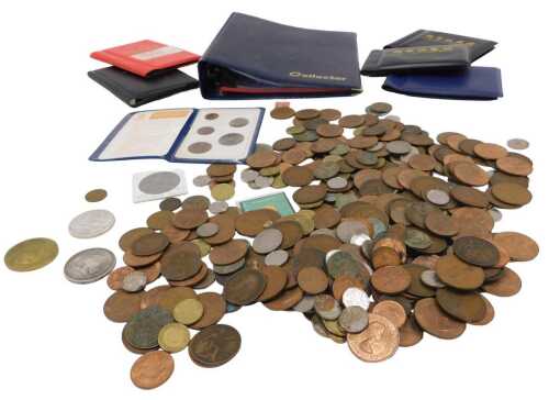 Various coins, GB pre decimal, Victorian pennies, other low denomination, vacant collectors coin...