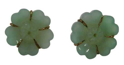 A pair of 9ct gold nephrite cluster earrings, each formed as a five point flower, and mounted in...