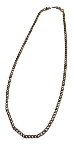 A rose gold flattened curb necklace, yellow metal, stamped Italy 9kt, 54cm long, 6.9g. (AF)
