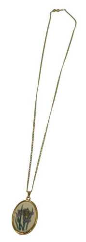 A floral pendant, in a gold plated mount, 2.5cm high, on a fine link neck chain, stamped 9kt,...