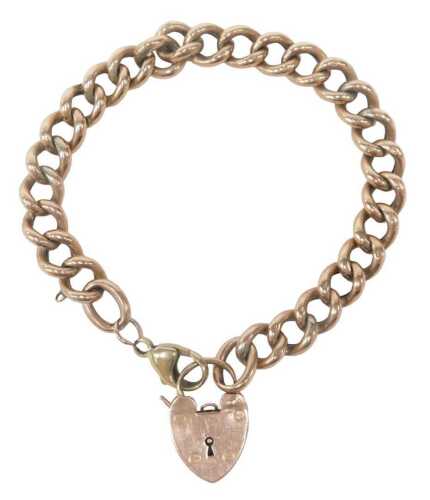 A rose gold curb link bracelet, with later yellow gold clip and padlock, yellow metal, stamped...
