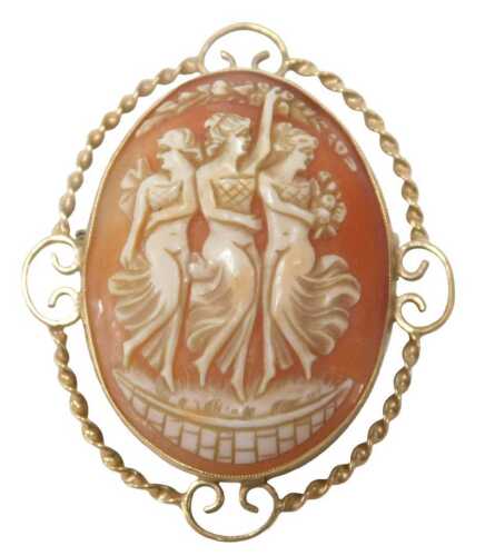 A 9ct gold framed shell cameo brooch of the Three Graces, in a rub over setting with a rope...
