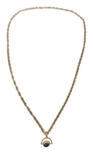 A swivel agate fob pendant and chain, the swivel fob set with cabochon cut garnet, in a U...