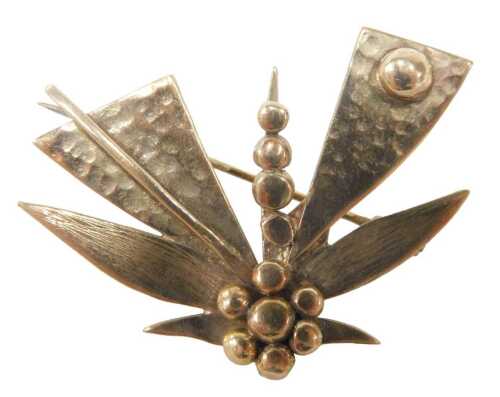 A 9ct gold abstract brooch, formed as a flower spray with hammered decoration, maker RB,...