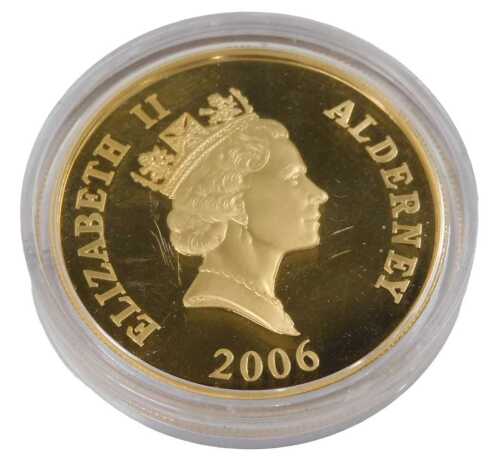An Elizabeth II 1829 Rainhill Rocket commemorative five pound coin.