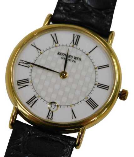 A Raymond Weil 18ct gold plated gentlemen's wristwatch, with a white enamel dial, with Roman...