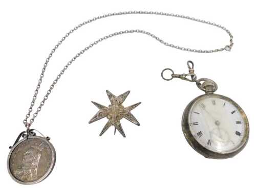 Three items of 19thC and later silver, comprising a silver pocket watch, with white enamel Roman...