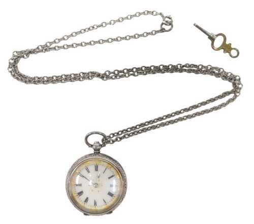 An early to mid-20thC fob watch, with white enamel Roman numeric dial, picked out with gilt...