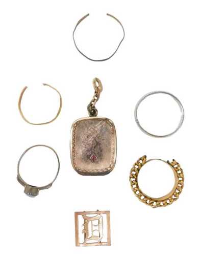 A group of gold and other wares, comprising a gold wedding band, hallmarks cut, possibly 18ct, 1....