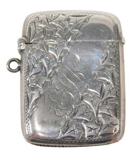 A Victorian silver Vesta case, with etched leaf style design, bearing the initials EAW,...