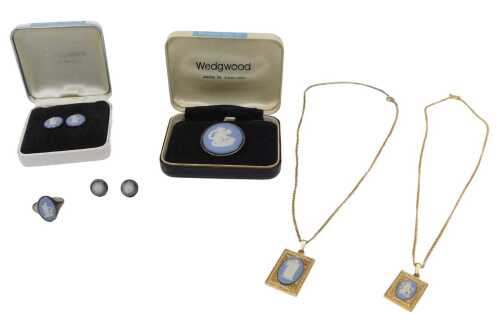 Various Wedgwood blue Jasperware jewellery, comprising a pair of stud earrings, 1cm wide, a...