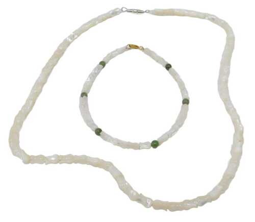 A mother-of-pearl jewellery suite, comprising necklace and bracelet, with carved lotus flower...