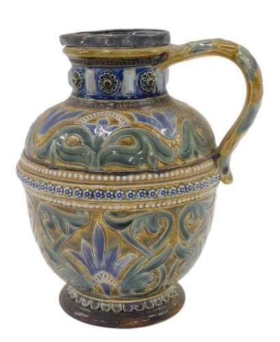 A Royal Doulton stoneware ewer, with raised rosette neck, tapering circular body with further...
