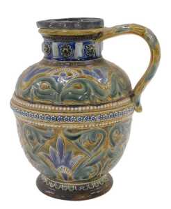 A Royal Doulton stoneware ewer, with raised rosette neck, tapering circular body with further...