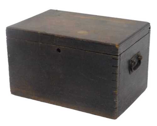An early 20thC oak box, of rectangular form, with metal side carrying handles and plain interior,...