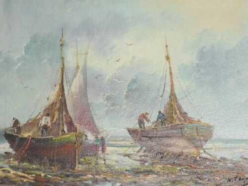 N P Broki (20thC). Figures and boats on a shore, with clouds gathering, oil on canvas, signed,...