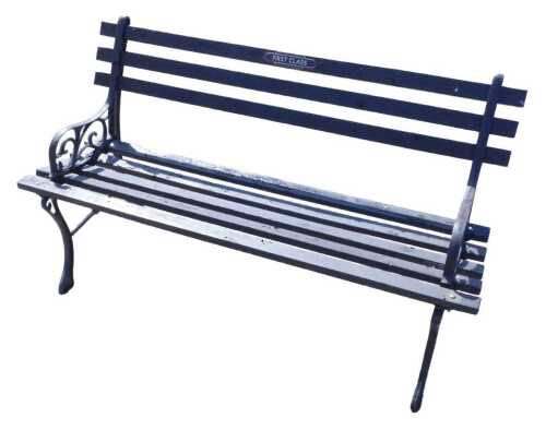 A 20thC iron framed wooden slatted garden bench, with First Class railway style plaque, 72cm...