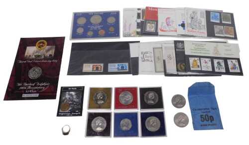 Various coins, collectors stamps, etc., first day cover stamps, coins to include cased New...