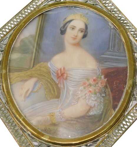 19thC School. Portrait of a lady, quarter profile, dressed in finery, gouache on glass, in...