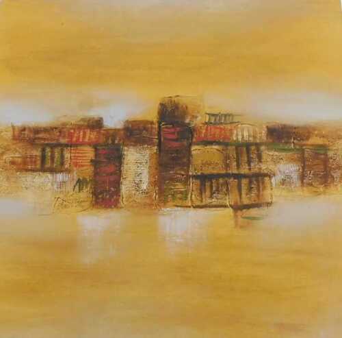 20thC School. Abstract townscape, acrylic on canvas, unsigned, 52cm x 51cm.