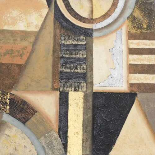 20thC School. Abstract geometric scene, oil on canvas, unsigned, 61cm x 61cm.