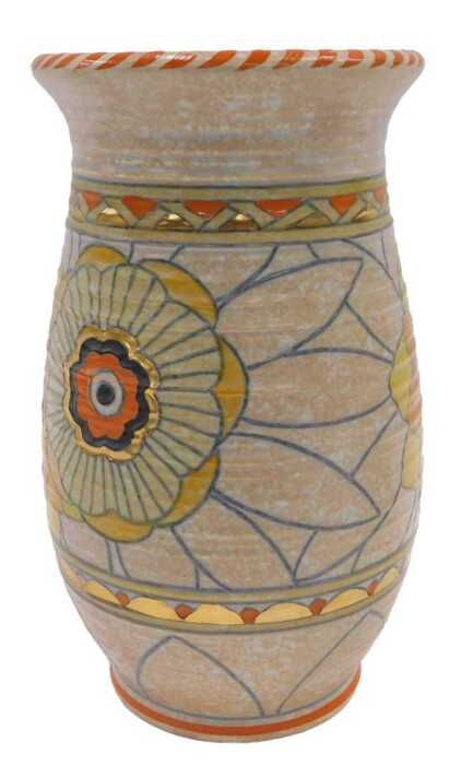 A Crown Ducal Charlotte Rhead pottery Rhodian pattern vase, numbered (probably) 124, 22cm high.