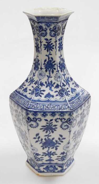 A late 19th/early 20thC Chinese blue and white porcelain vase, of long necked hexagonal form,...