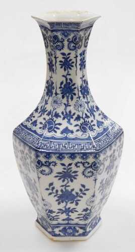 A late 19th/early 20thC Chinese blue and white porcelain vase, of long necked hexagonal form,...