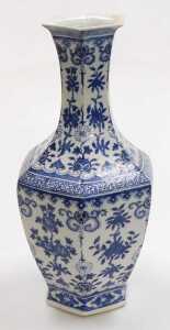A late 19th/early 20thC Chinese blue and white porcelain vase, of long necked hexagonal form,... - 2