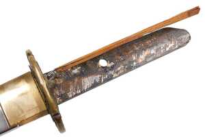 A 20thC Japanese Tanto, the tsuka wrapped in ray skin, and bound with cord, the copper habaki... - 6