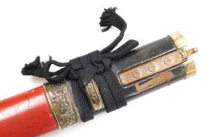 A 20thC Japanese Tanto, the tsuka wrapped in ray skin, and bound with cord, the copper habaki... - 13