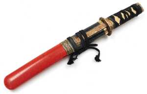 A 20thC Japanese Tanto, the tsuka wrapped in ray skin, and bound with cord, the copper habaki... - 14