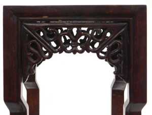 A small Chinese hardwood urn stand, of square section, with scrolling fretwork raised on square... - 3