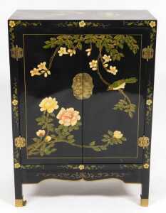 A Chinese black lacquer cabinet, of rectangular section, painted with birds, trees in blossom,... - 2