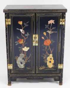 A Chinese black lacquer cabinet, of rectangular form, decorated with flowers, and overlaid in... - 2