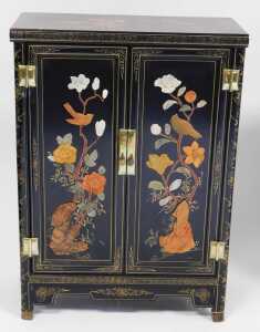 A Chinese black lacquer cabinet, of rectangular form, decorated with flowers, and overlaid in... - 2