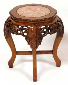 A pair of Chinese hardwood urn stands, the top inset with circular red marble, over fretwork... - 2