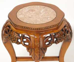 A pair of Chinese hardwood urn stands, the top inset with circular red marble, over fretwork... - 3