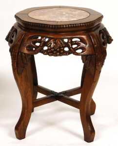 A pair of Chinese hardwood urn stands, the top inset with circular red marble, over fretwork... - 5