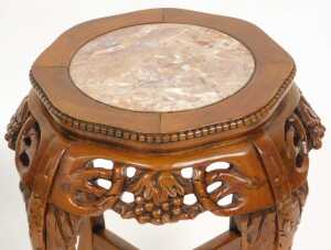 A pair of Chinese hardwood urn stands, the top inset with circular red marble, over fretwork... - 6